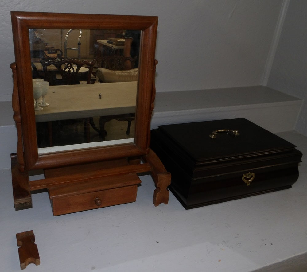 Mahogany Jewelry Box & Teak Wood Shaving Mirror: Mahogany Jewelry Box & Teak Wood Shaving Mirror. Up to 15 1/2" W 11" D 6" H "ALL DESCRIPTIONS AND ANY CONDITION STATEMENT GIVEN BY LANGSTON AUCTION GALLERY ARE STRICTLY OPINIONS AND LANGSTON'S SHALL H