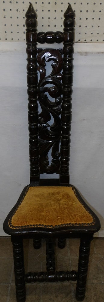 Carved Wood High Narrow Back Spanish Colonial Revival Chair (1 of 5)