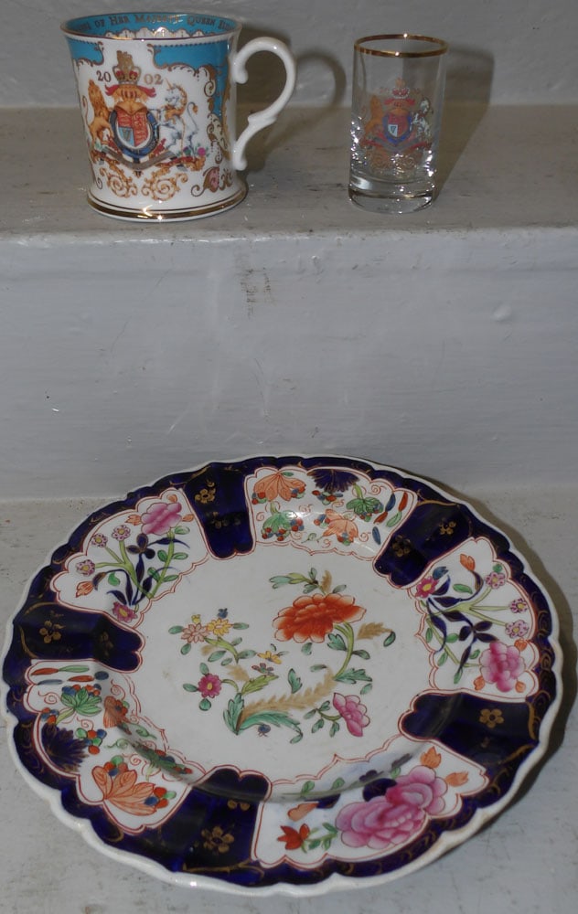 Antique English Porcelain Plate & English Bone Coronation Porcelain Cup & Glass: Antique English Porcelain Plate & English Bone Coronation Porcelain Cup & Glass . Up 9" Dia. "ALL DESCRIPTIONS AND ANY CONDITION STATEMENT GIVEN BY LANGSTON AUCTION GALLERY ARE STRICTLY OPINIONS AND L