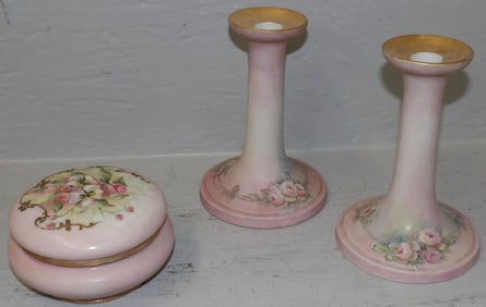 Three Piece Hand Painted Porcelain Dresser Set, (Limoges Powder Box)