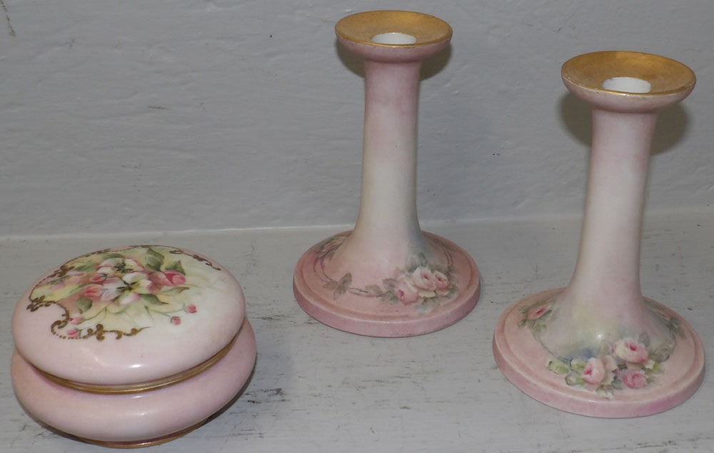 Three Piece Hand Painted Porcelain Dresser Set, (Limoges Powder Box) (1 of 5)