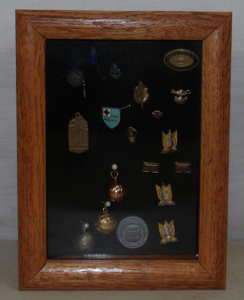 Collection of Vintage Pins in Oak Enclosed Frame (1 of 4)