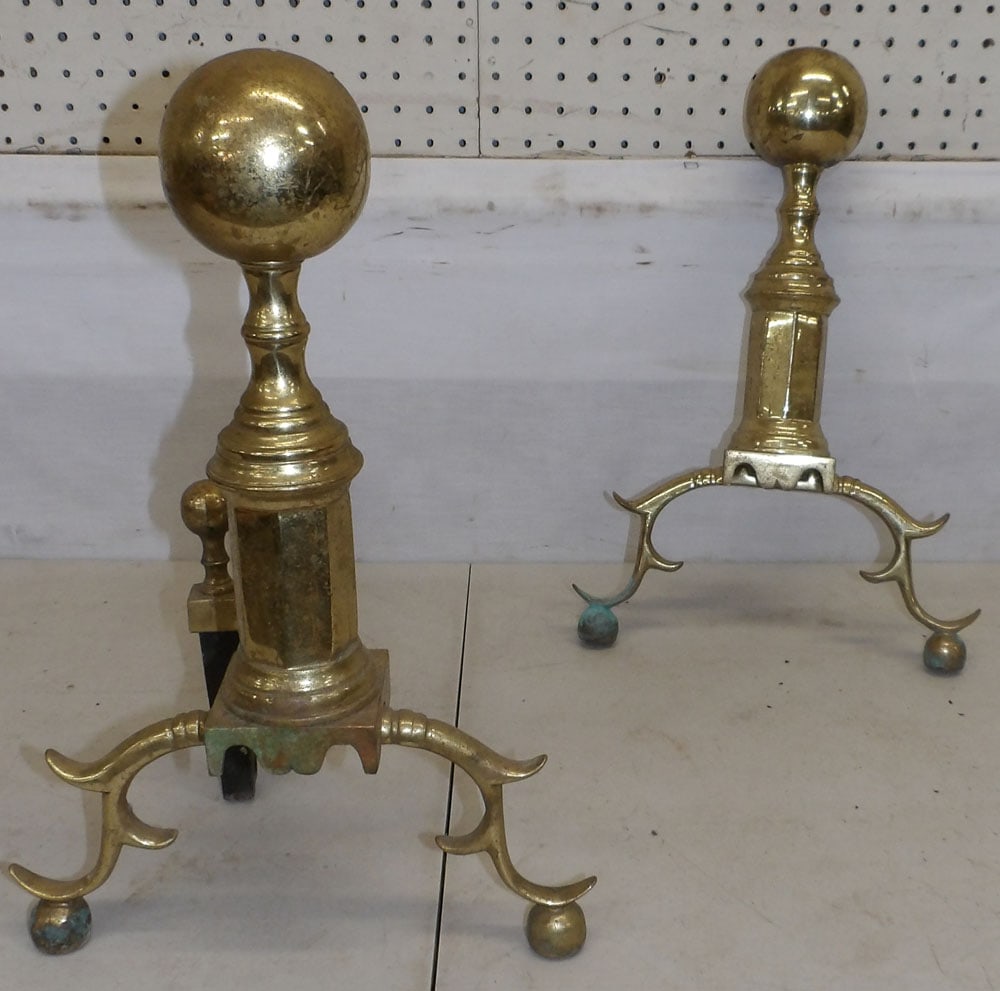 Pair of Brass Andirons, (One Missing Back Support): Pair of Brass Andirons, (One Missing Back Support). 17 1/2" H "ALL DESCRIPTIONS AND ANY CONDITION STATEMENT GIVEN BY LANGSTON AUCTION GALLERY ARE STRICTLY OPINIONS AND LANGSTON'S SHALL HAVE NO RESPONS