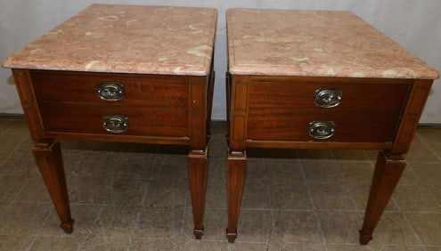 Pair of Mahogany & Marble Top One Drawer End Tables