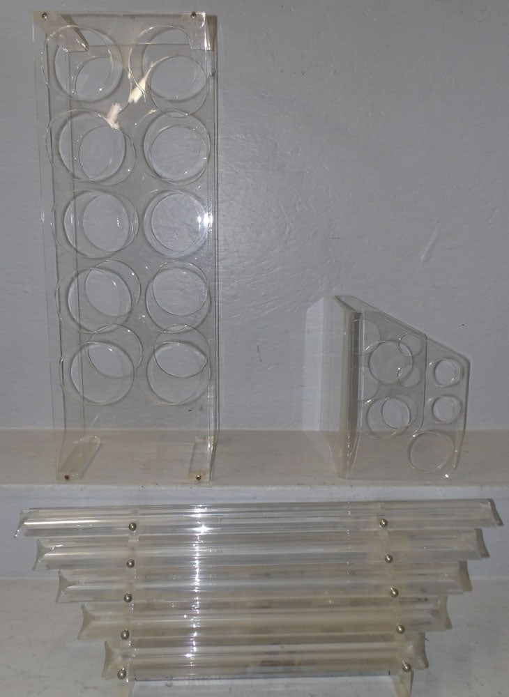 Mid Century Modern Acrylic Wine Rack, Bottle Holder, & Lamp: Mid Century Modern Acrylic Wine Rack, Bottle Holder, & Lamp. Up to 26 1/4" 6" D 9 1/4" H "ALL DESCRIPTIONS AND ANY CONDITION STATEMENT GIVEN BY LANGSTON AUCTION GALLERY ARE STRICTLY OPINIONS AND LANGS