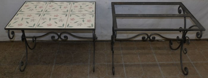 Pair of Wrought Iron End Tables, (One with Painted Tile Top, One Missing Top)