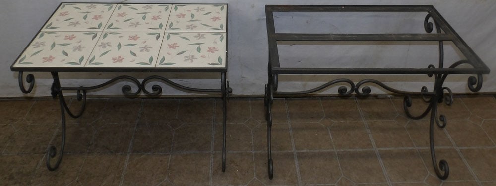 Pair of Wrought Iron End Tables, (One with Painted Tile Top, One Missing Top) (1 of 6)