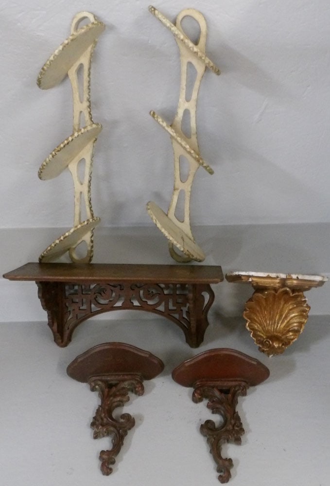 Lot of Wall Shelves & Brackets: Lot of Wall Shelves & Brackets. Up to 19" W 7" D 8 1/2" H "ALL DESCRIPTIONS AND ANY CONDITION STATEMENT GIVEN BY LANGSTON AUCTION GALLERY ARE STRICTLY OPINIONS AND LANGSTON'S SHALL HAVE NO RESPONSIBIL