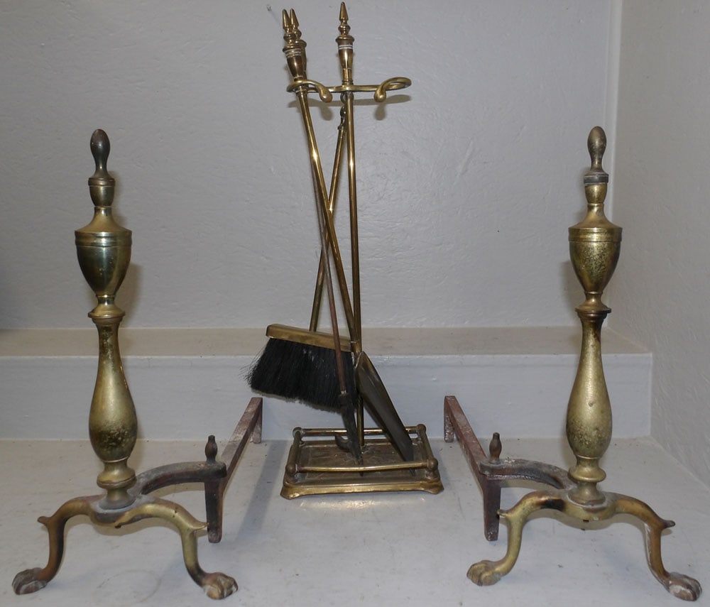 Pair of Brass Andirons & Fire Tools (1 of 5)