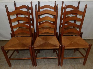 Set of Six Walnut Ladder Back Rush Seat Dining Chairs