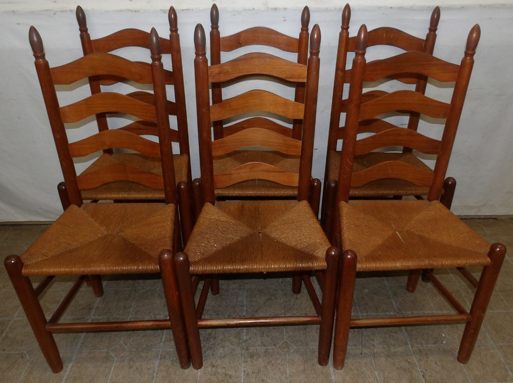 Set of Six Walnut Ladder Back Rush Seat Dining Chairs (1 of 6)
