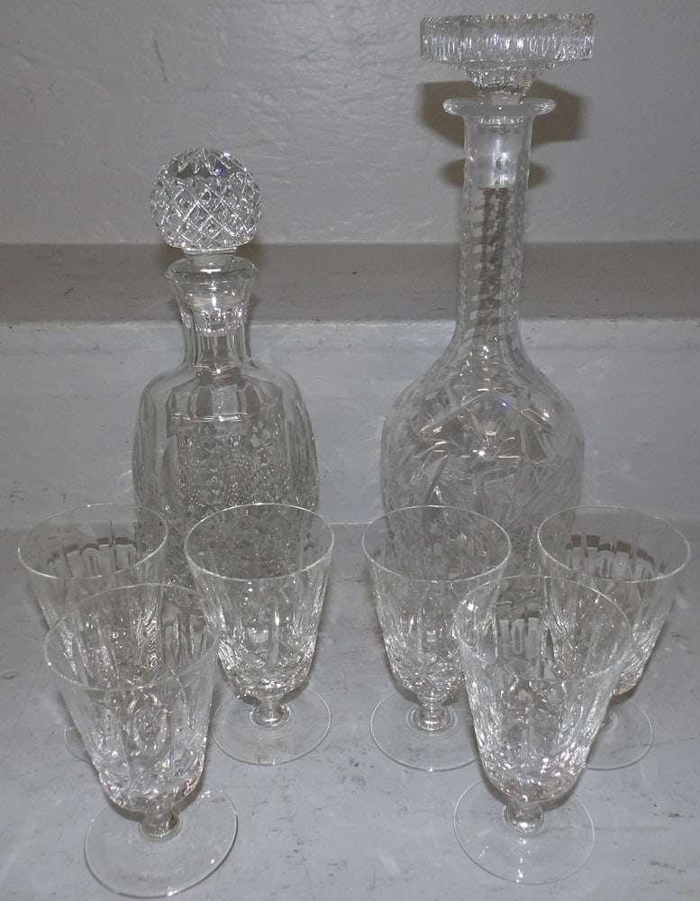 Lot of Cut Glass Decanters & Wine Glasses: Lot of Cut Glass Decanters & Wine Glasses. Up to 13" H "ALL DESCRIPTIONS AND ANY CONDITION STATEMENT GIVEN BY LANGSTON AUCTION GALLERY ARE STRICTLY OPINIONS AND LANGSTON'S SHALL HAVE NO RESPONSIBILITY