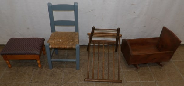 Child's Chair, Doll Cradle, Spindle Stand, & Foot Stool