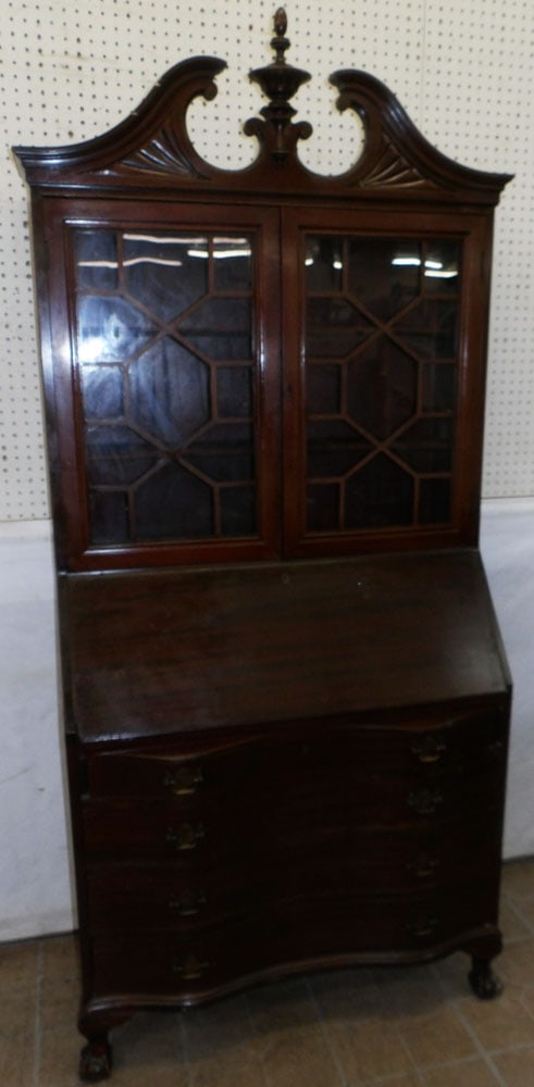 Mahogany Serpentine Front Secretary with Ball & Claw Feet: Mahogany Serpentine Front Secretary with Ball & Claw Feet. 36 1/4" W 17 1/2" D 81 1/2" H "ALL DESCRIPTIONS AND ANY CONDITION STATEMENT GIVEN BY LANGSTON AUCTION GALLERY ARE STRICTLY OPINIONS AND LANGS