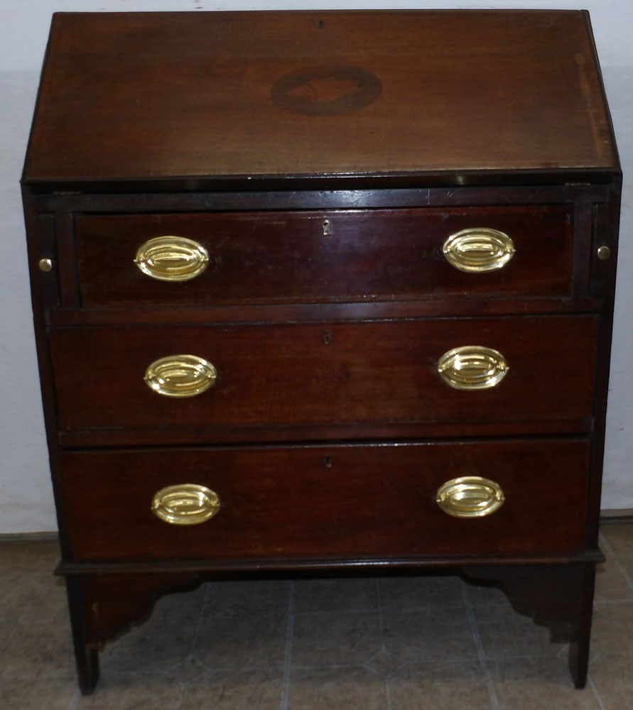 Antique Mahogany Shell Inlaid Child's Slant Front Desk: Antique Mahogany Shell Inlaid Child's Slant Front Desk. 30" W 17" D 38" H "ALL DESCRIPTIONS AND ANY CONDITION STATEMENT GIVEN BY LANGSTON AUCTION GALLERY ARE STRICTLY OPINIONS AND LANGSTON'S SHALL HAV