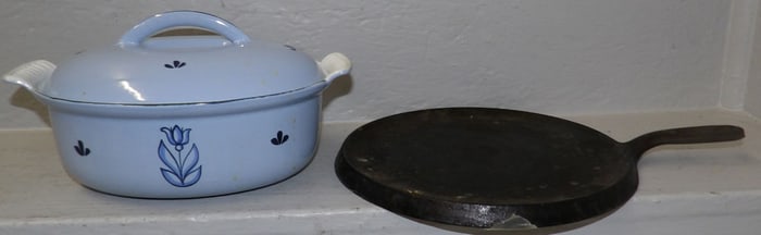 Cast Iron & Enamel Covered Casserole & Skillet