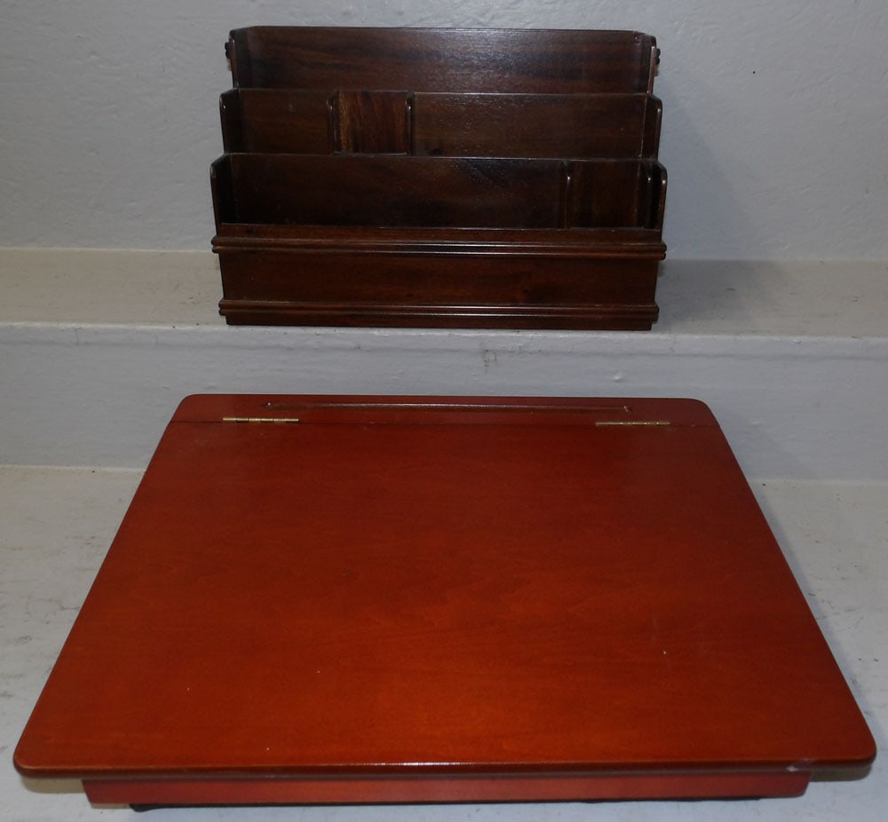 Mahogany Letter Holder & Cherry Lap Desk: Mahogany Letter Holder & Cherry Lap Desk . 17 3/4" x 14 1/4" "ALL DESCRIPTIONS AND ANY CONDITION STATEMENT GIVEN BY LANGSTON AUCTION GALLERY ARE STRICTLY OPINIONS AND LANGSTON'S SHALL HAVE NO RESPONSI