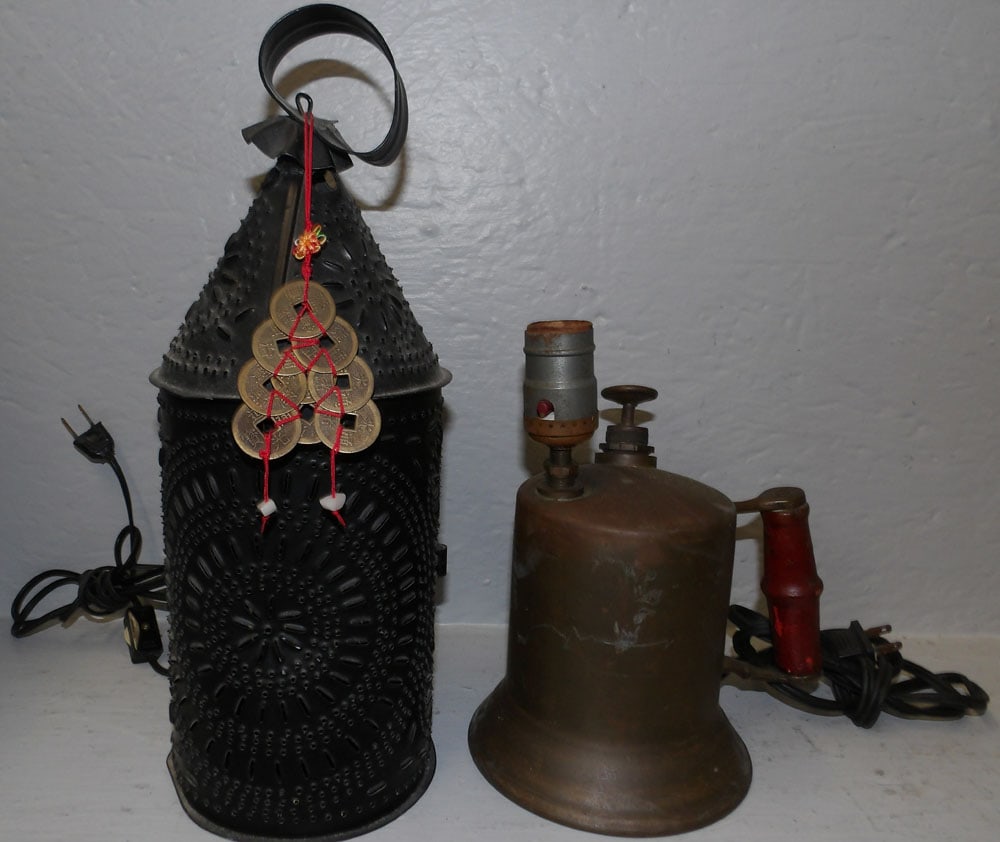 Punch Tin Lantern & Brass Torch Form lamp (1 of 5)