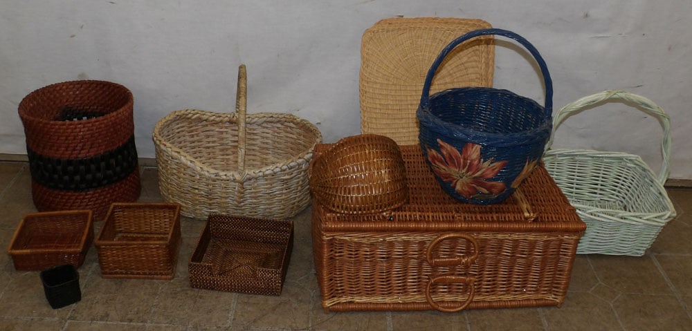 Lot of Baskets: Lot of Baskets. Up to 20" W 13" D 8 1/2" H "ALL DESCRIPTIONS AND ANY CONDITION STATEMENT GIVEN BY LANGSTON AUCTION GALLERY ARE STRICTLY OPINIONS AND LANGSTON'S SHALL HAVE NO RESPONSIBILITY FOR ERRORS 