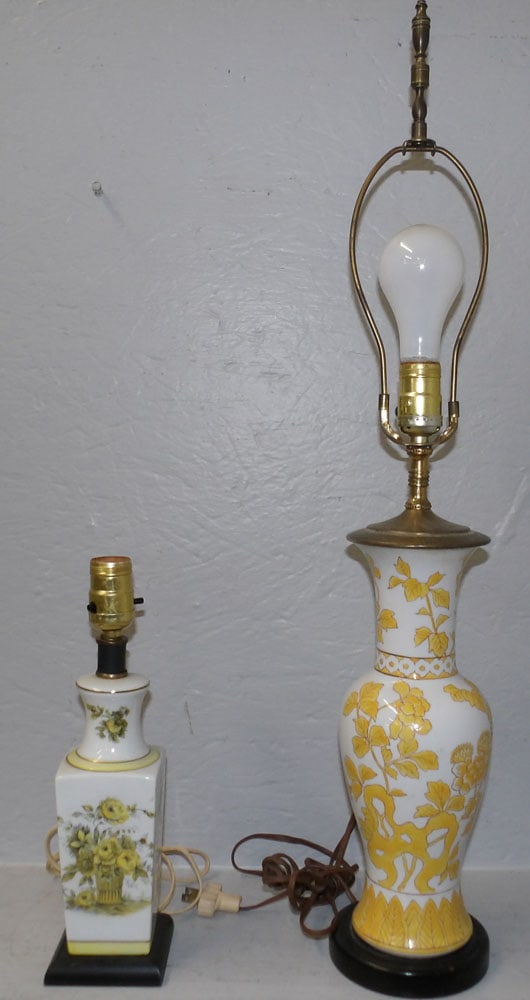 Two Painted Porcelain Lamps: Two Painted Porcelain Lamps. Up to 29" H "ALL DESCRIPTIONS AND ANY CONDITION STATEMENT GIVEN BY LANGSTON AUCTION GALLERY ARE STRICTLY OPINIONS AND LANGSTON'S SHALL HAVE NO RESPONSIBILITY FOR ERRORS OR