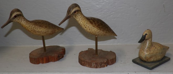 Three Painted Carved Wood Shore Birds