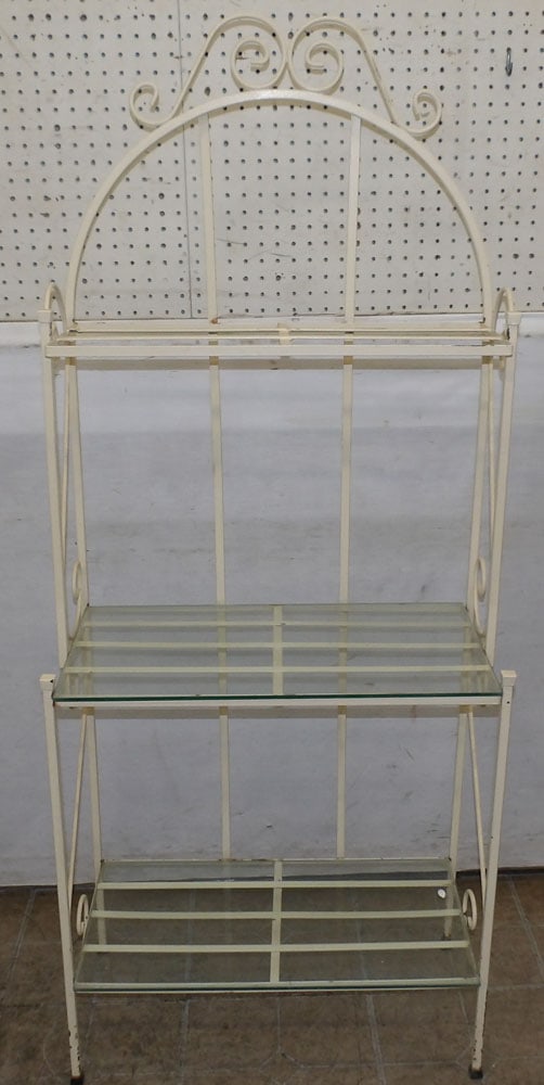 Painted Metal & Glass Wall Shelf: Painted Metal & Glass Wall Shelf . 24 3/4" W 12" D 59 1/2" H "ALL DESCRIPTIONS AND ANY CONDITION STATEMENT GIVEN BY LANGSTON AUCTION GALLERY ARE STRICTLY OPINIONS AND LANGSTON'S SHALL HAVE NO RESPONSI