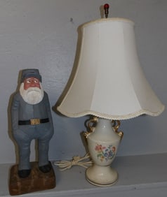 Painted Porcelain Lamp & Carved Wood Figure