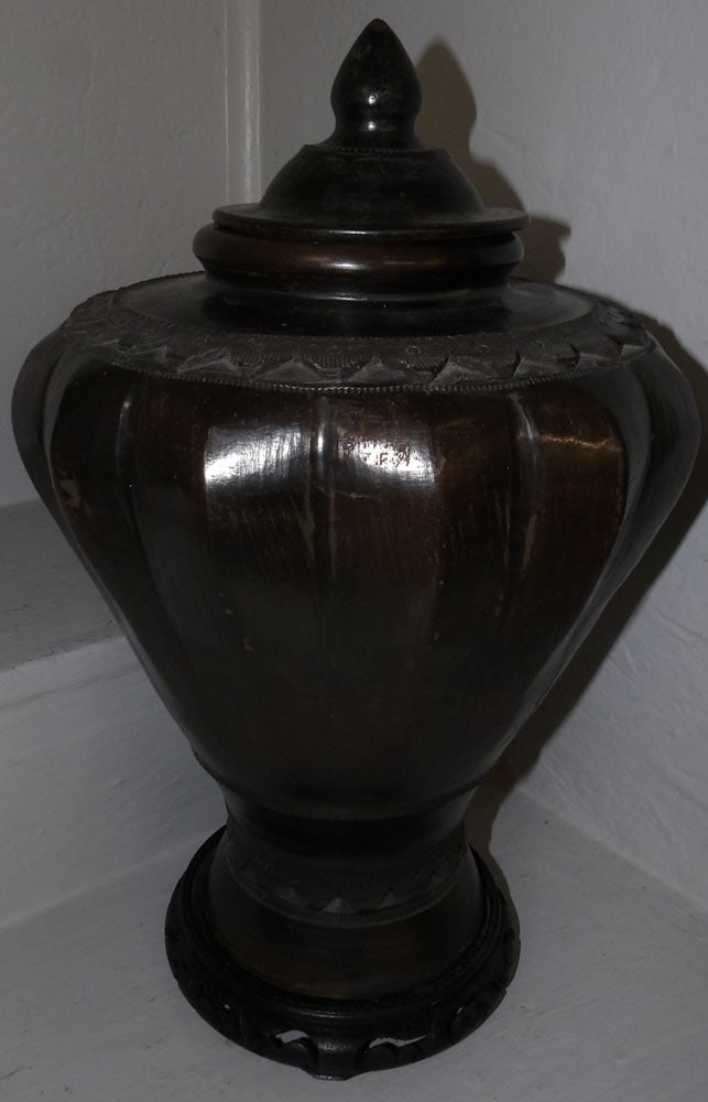 Painted Ceramic Covered Urn on Teak Wood Base (1 of 4)