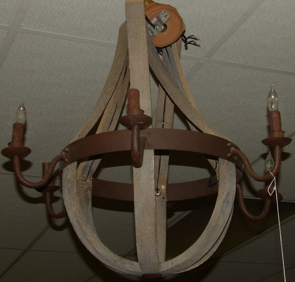 Metal & Wood Six Light Chandelier: Metal & Wood Six Light Chandelier . 30" Dia. 28" H "ALL DESCRIPTIONS AND ANY CONDITION STATEMENT GIVEN BY LANGSTON AUCTION GALLERY ARE STRICTLY OPINIONS AND LANGSTON'S SHALL HAVE NO RESPONSIBILITY FOR