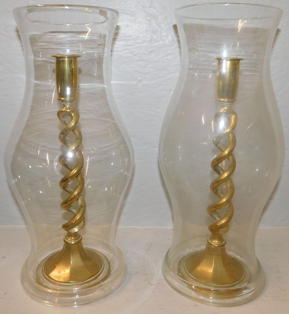 Pair of Antique Brass Candlesticks with Glass Hurricane Shades (1 of 4)