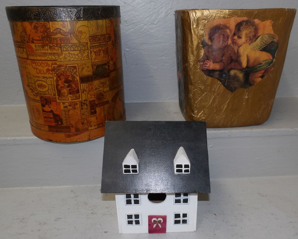 Two Waste Baskets & Painted Wood Bird House (1 of 5)