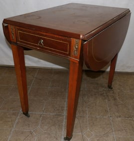 Mahogany Inlaid Drop Leaf Table with One Drawer