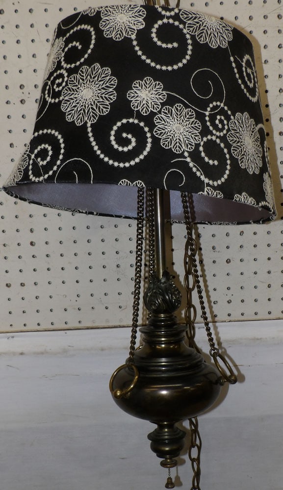 Hanging Two Light Painted Metal Chandelier: Hanging Two Light Painted Metal Chandelier . 30" H "ALL DESCRIPTIONS AND ANY CONDITION STATEMENT GIVEN BY LANGSTON AUCTION GALLERY ARE STRICTLY OPINIONS AND LANGSTON'S SHALL HAVE NO RESPONSIBILITY FOR