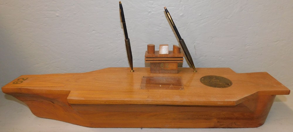 Mid Century Walnut U.S. Independence Ship Form Pen Holder: Mid Century Walnut U.S. Independence Ship Form Pen Holder. 27 1/4" L "ALL DESCRIPTIONS AND ANY CONDITION STATEMENT GIVEN BY LANGSTON AUCTION GALLERY ARE STRICTLY OPINIONS AND LANGSTON'S SHALL HAVE NO