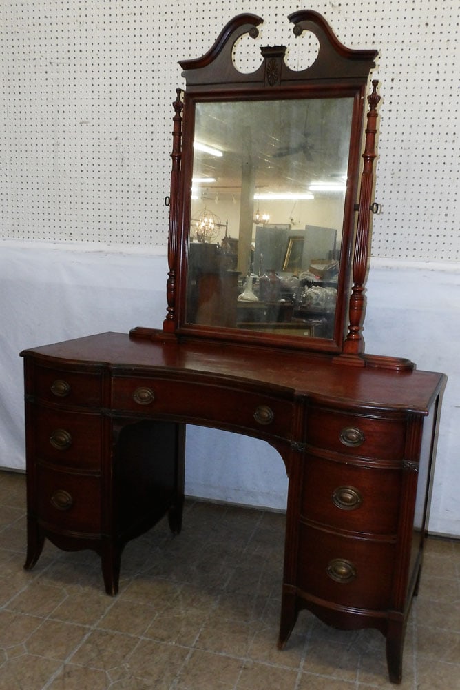 Mahogany Vanity with Mirror: Mahogany Vanity with Mirror. 49" W 19" D 72" H "ALL DESCRIPTIONS AND ANY CONDITION STATEMENT GIVEN BY LANGSTON AUCTION GALLERY ARE STRICTLY OPINIONS AND LANGSTON'S SHALL HAVE NO RESPONSIBILITY FOR ERR