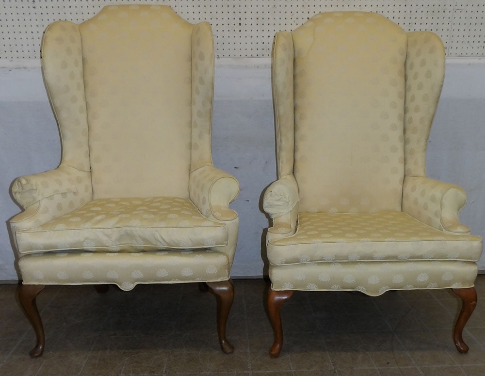 pair of cherry and upholstered Queen Anne style wingback chairs (1 of 5)