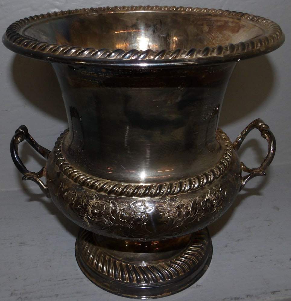 silver plated wine cooler by Barker Ellis: silver plated wine cooler by Barker Ellis. 9 3/4" H "ALL DESCRIPTIONS AND ANY CONDITION STATEMENT GIVEN BY LANGSTON AUCTION GALLERY ARE STRICTLY OPINIONS AND LANGSTON'S SHALL HAVE NO RESPONSIBILITY FO