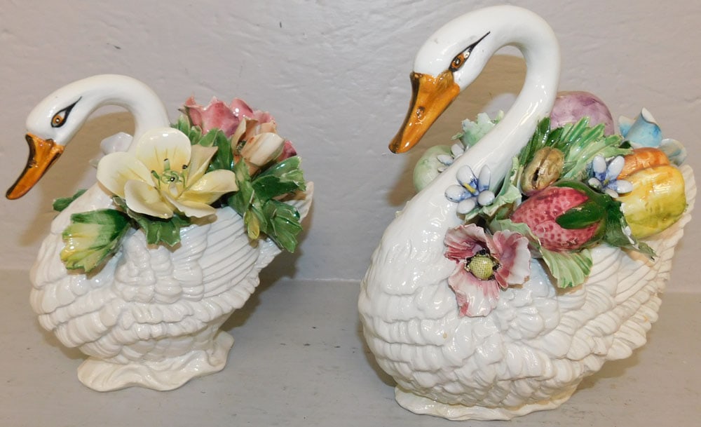 two painted Capodimonte porcelain swan floral arrangements (1 of 4)