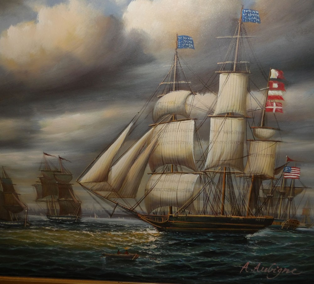 gilded frame oil on canvas of clippers ship signed by the artist (1 of 4)
