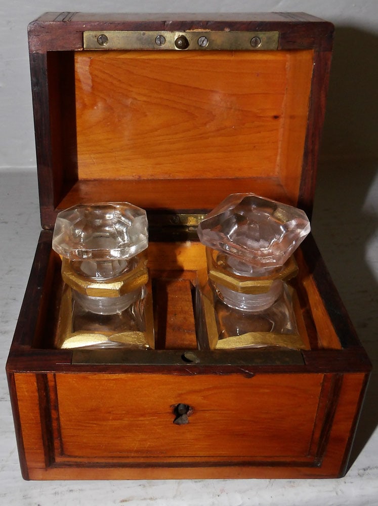 19th century inlay yew wood dresser box with glass scent bottles (1 of 6)
