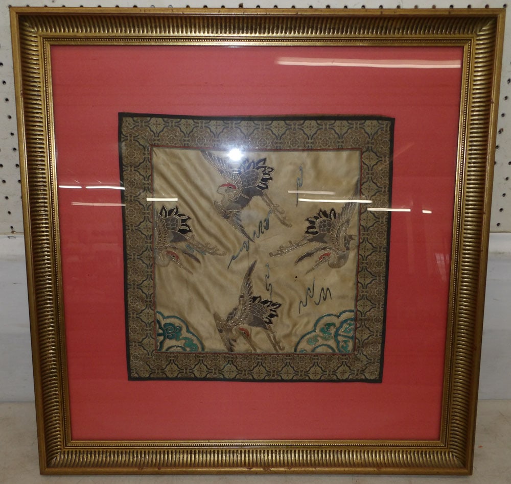 framed Oriental silk embroidery of herons (1 of 4)