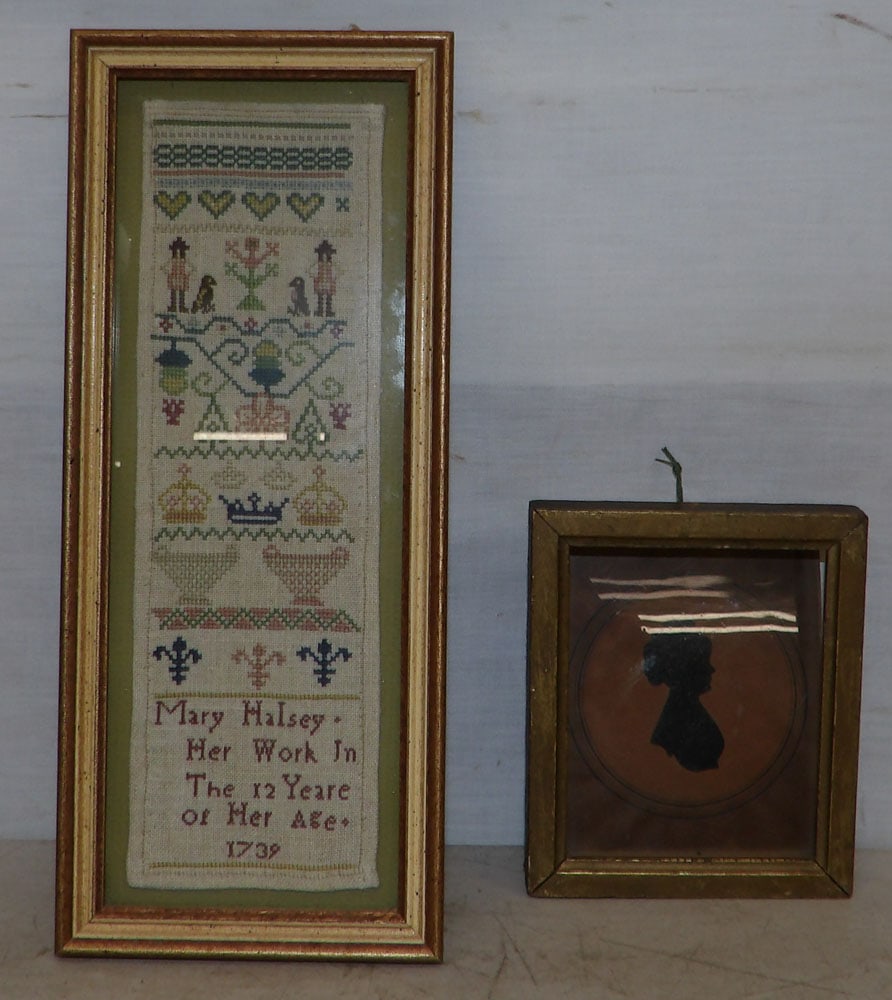 antique framed silhouette and sampler signed Mary Halsey dated 1739 (1 of 4)