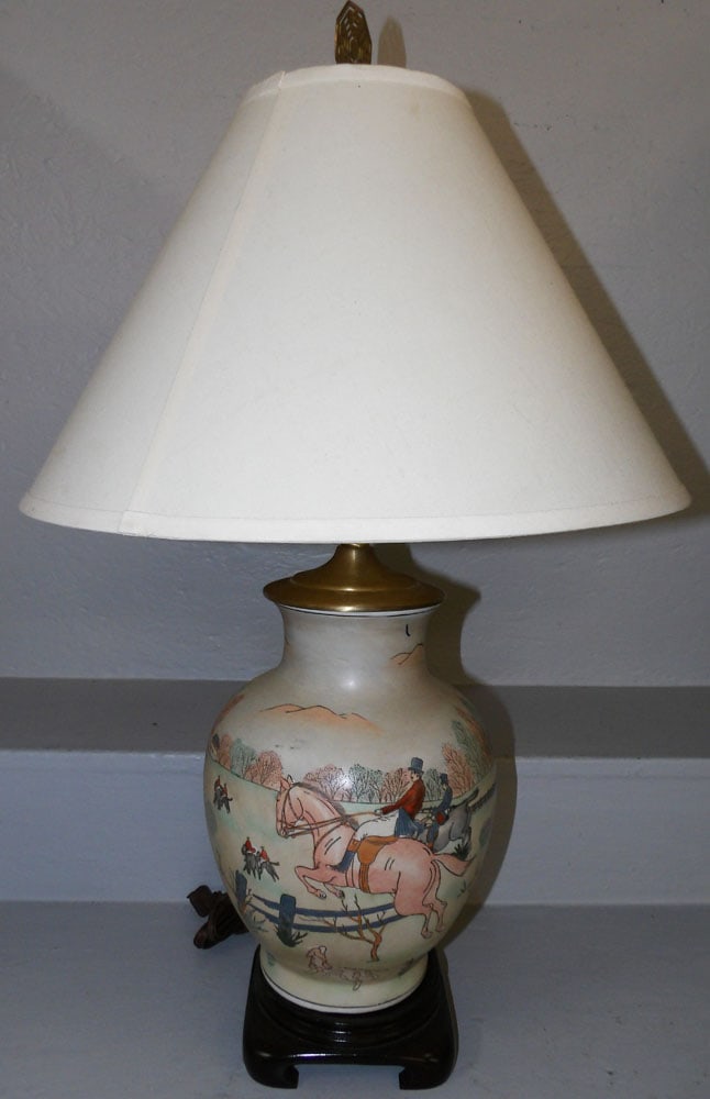 porcelain vase made into lamp with fox hunt scene (1 of 5)