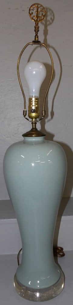 Celadon porcelain lamp: Celadon porcelain lamp. 34" H "ALL DESCRIPTIONS AND ANY CONDITION STATEMENT GIVEN BY LANGSTON AUCTION GALLERY ARE STRICTLY OPINIONS AND LANGSTON'S SHALL HAVE NO RESPONSIBILITY FOR ERRORS OR OMISSIONS.