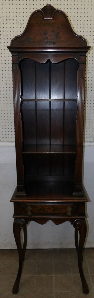 antique walnut and paint decorated open top cabinet with one drawer (1 of 7)