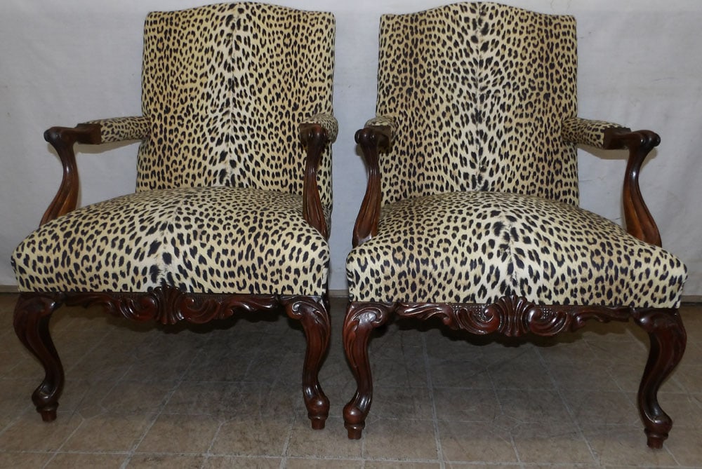 pair of carved walnut arm chairs with leopard print upholstery (1 of 8)