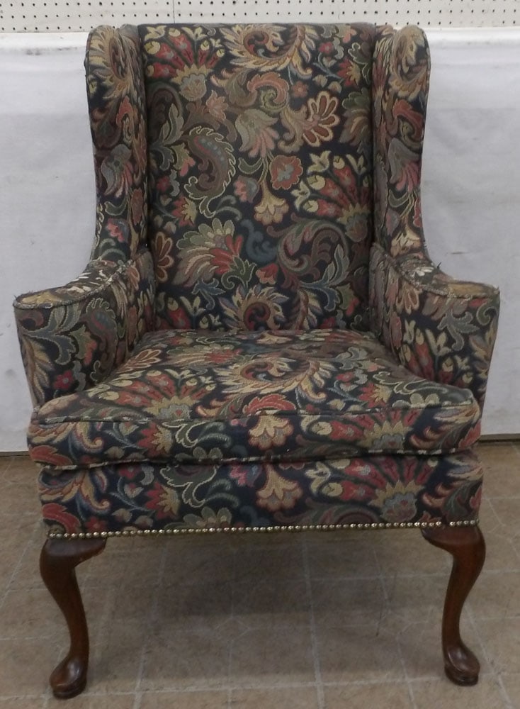 tapestry upholstered wingback chair with down cushion: tapestry upholstered wingback chair with down cushion. 43"H "ALL DESCRIPTIONS AND ANY CONDITION STATEMENT GIVEN BY LANGSTON AUCTION GALLERY ARE STRICTLY OPINIONS AND LANGSTON'S SHALL HAVE NO RESPONSIB
