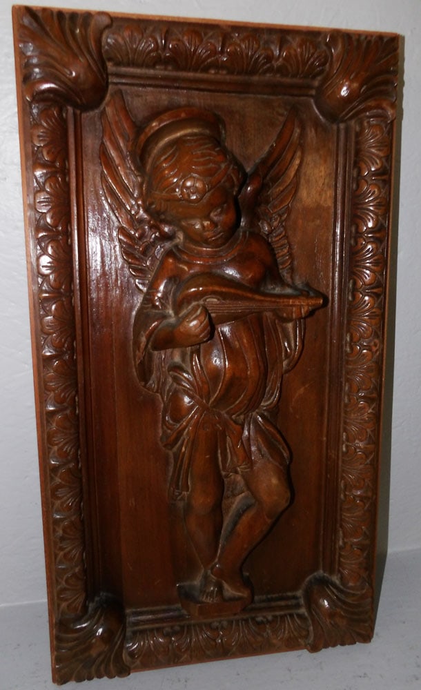 Carved Walnut Wall Panel of Cherub Playing Instrument (1 of 4)