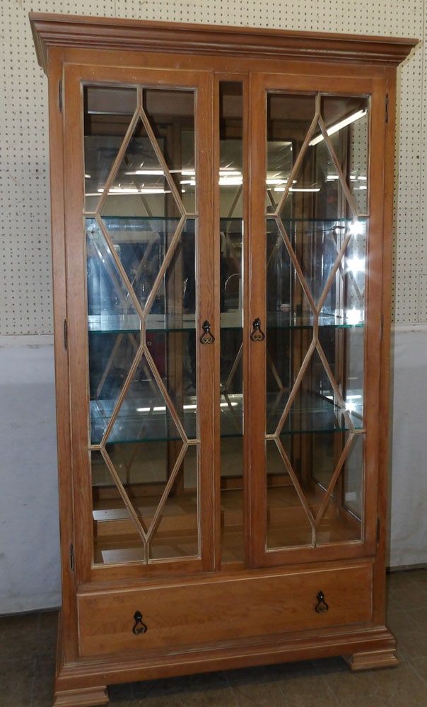 bleach pine lighted two door curio cabinet  with one drawer base (1 of 8)