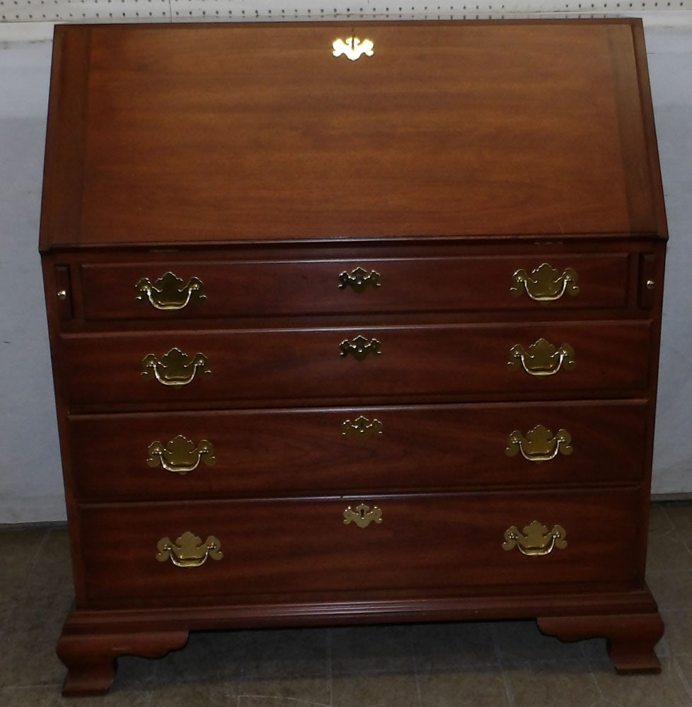 Henkel Harris cherry slant front desk with brass carrying handles: Henkel Harris cherry slant front desk with brass carrying handles . 40 1/2" W 21" D 43" H "ALL DESCRIPTIONS AND ANY CONDITION STATEMENT GIVEN BY LANGSTON AUCTION GALLERY ARE STRICTLY OPINIONS AND LANG